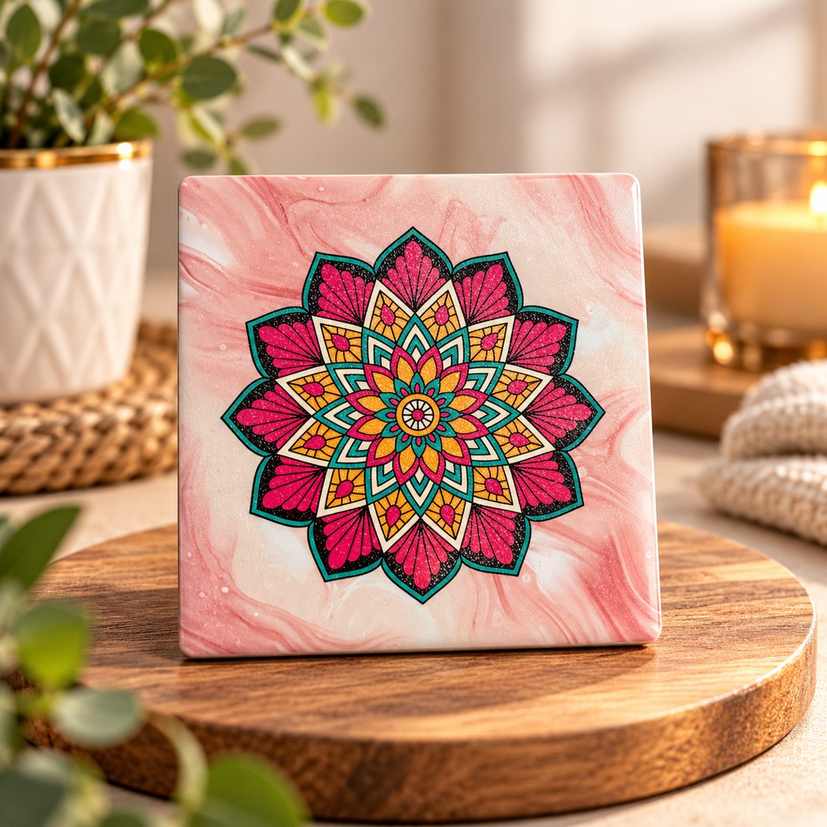 Carreau décoratif imprimé d'un mandala coloré sur fond rose marbré