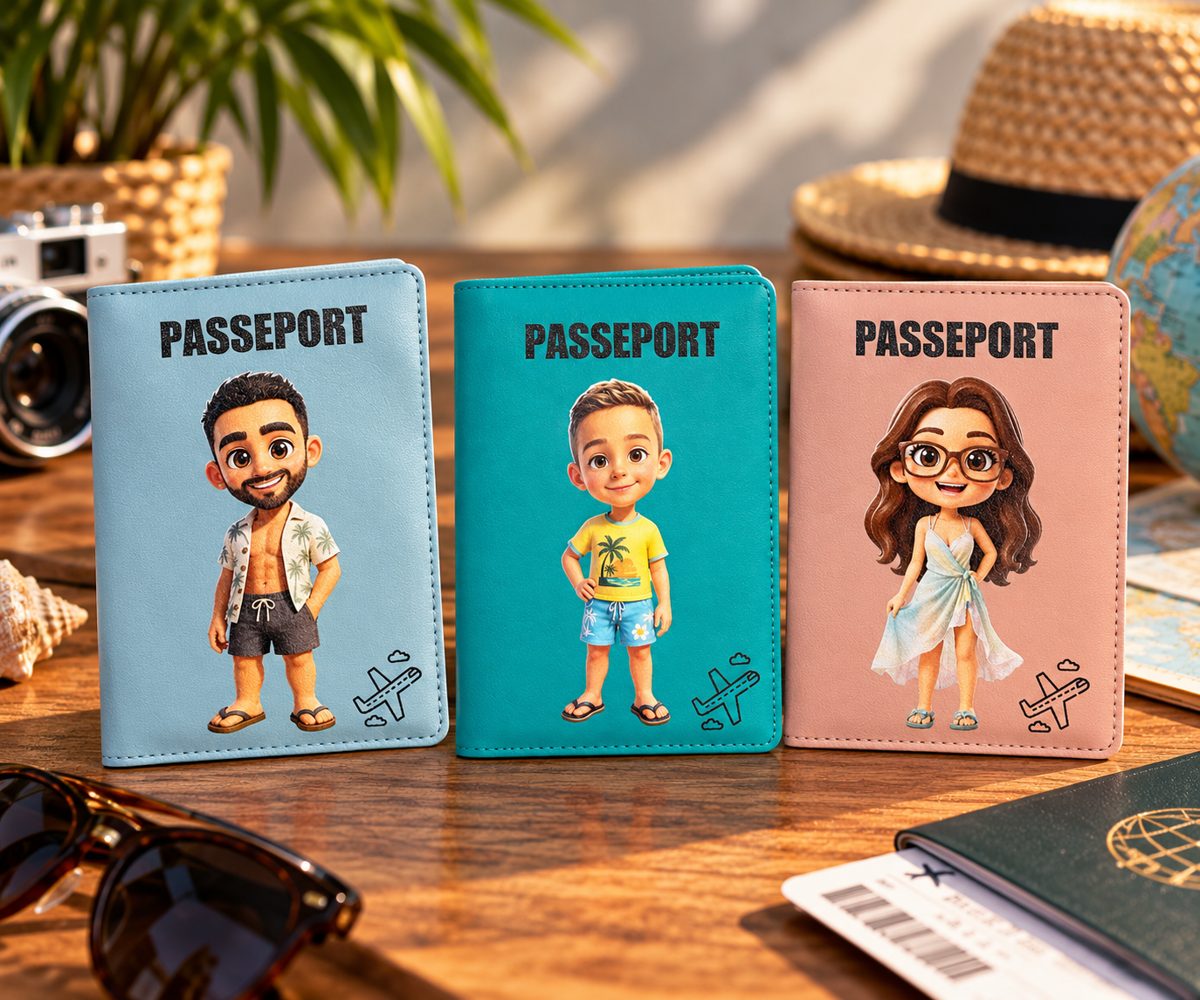 Trois étuis de passeport personnalisés avec des personnages illustrés