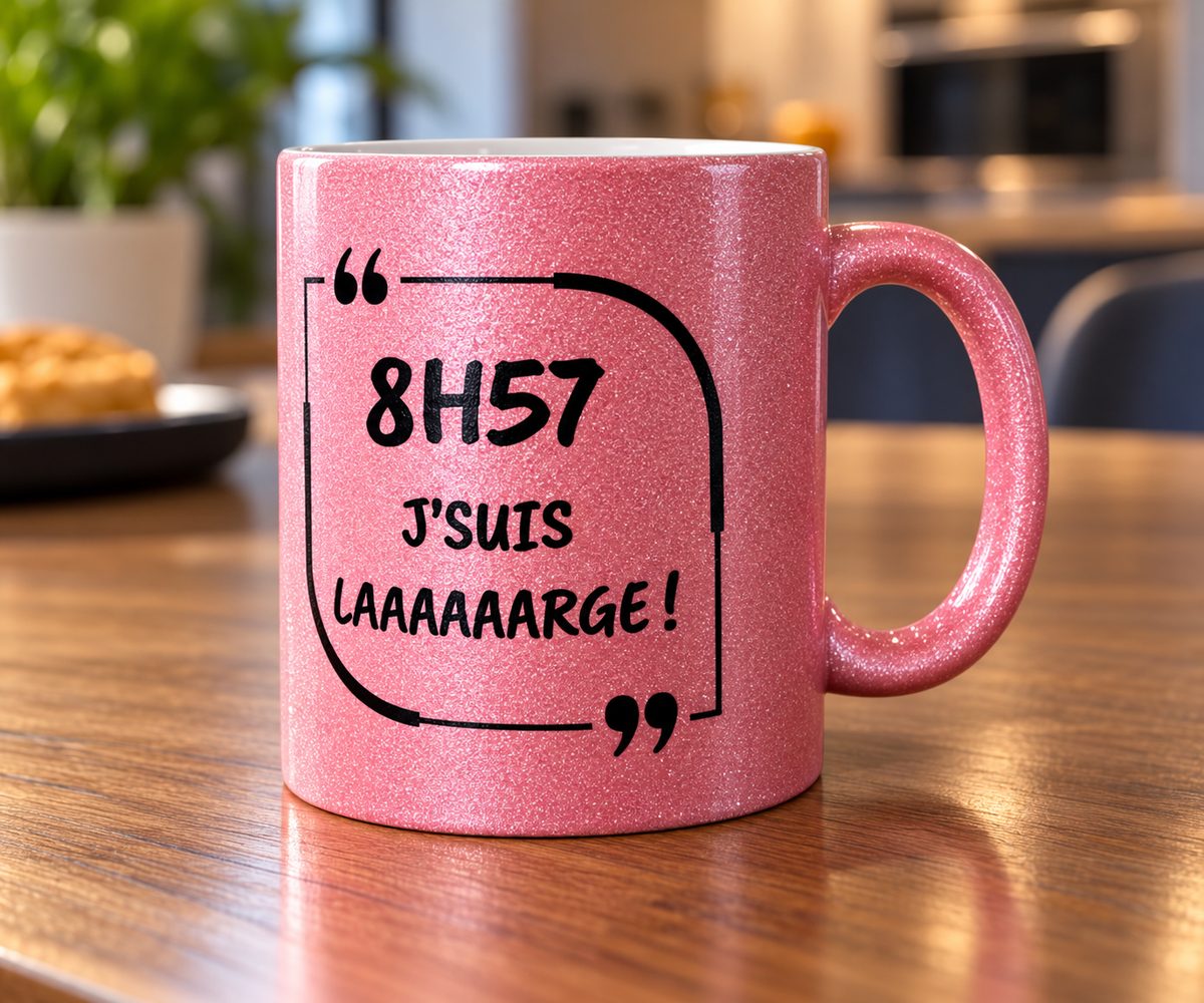 Mug rose pailleté personnalisé par impression UV avec un texte humoristique